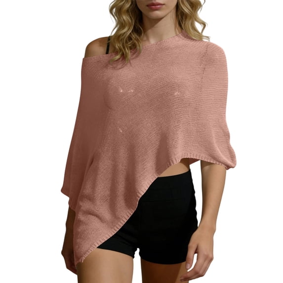 ZGRBOU Women Knit Poncho Top Y2k Off Shoulder Sheer Shawl Asymmetrical Hem Going Out Beach Swimsuit Coverup