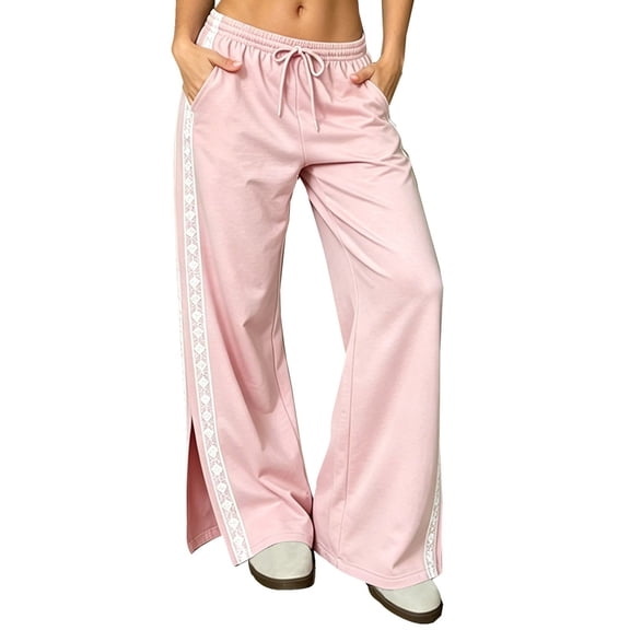 ZGRBOU Women Lace Side Split Wide Leg Pants Fasion Stripe Drawstring Sweatpants Casual Loose Trousers with Pockets
