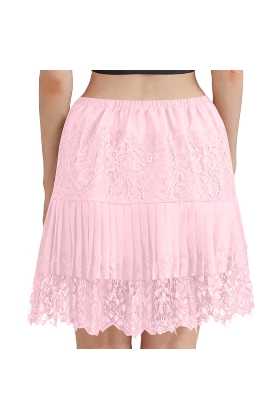 Women Lace Trim Half Slip Skirt Elastic Y2k Floral Sheer Mini Skirt Ruffle Pleated Low Waist Underskirt