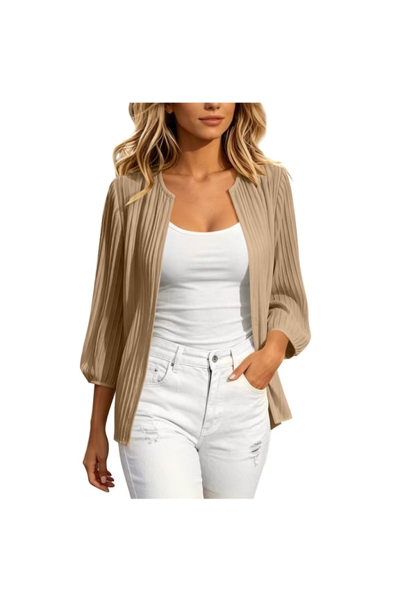 Women Open Front 3/4 Puff Sleeve Tops Sunscreen Vertical Lightweight Cardigan Trendy Casual Summer Jacket