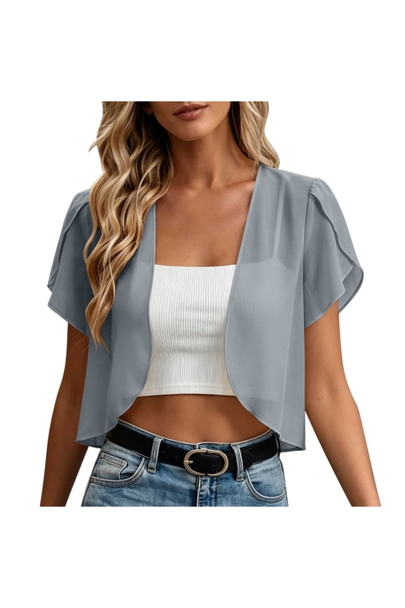 Women Sheer Chiffon Cardigans Open Front Petal Sleeve Flowy Bolero Shrug Summer Lightweight Cropped Jacket