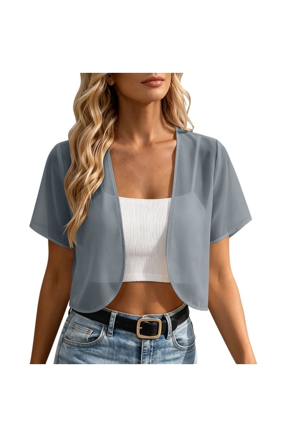 Women Sheer Chiffon Cardigans Open Front Short Sleeve Bolero Shrug Summer Cropped Jacket for Dress