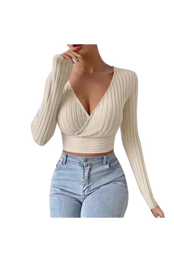 Women Wrap Deep V Neck Cropped Sweaters Long Sleeve Slim Fit Ribbed Knit Shirts Fall Elegant Comfy Soft Crop Tops