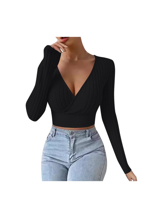 Women Wrap Deep V Neck Cropped Sweaters Long Sleeve Slim Fit Ribbed Knit Shirts Fall Elegant Comfy Soft Crop Tops