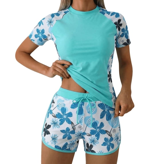 ZGRBOU Women's 2 Piece Bohemian Print Rash Guard UPF 50+ Short Sleeve Swim Shirts with Board Shorts Summer Beach Swim