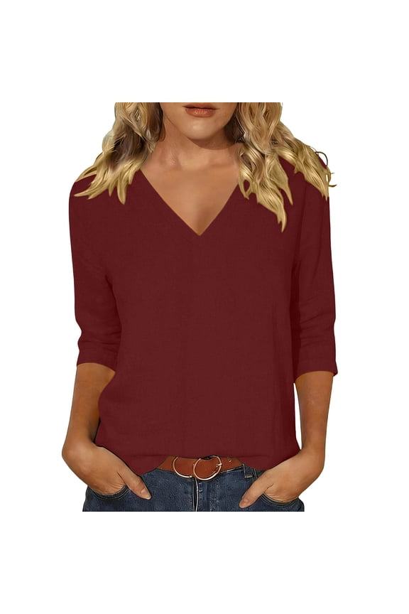 Women's 3/4 Sleeves V Neck T Shirts Cotton Casual Summer Basic Tees Fashion Loose Tunic Tops Plus Size