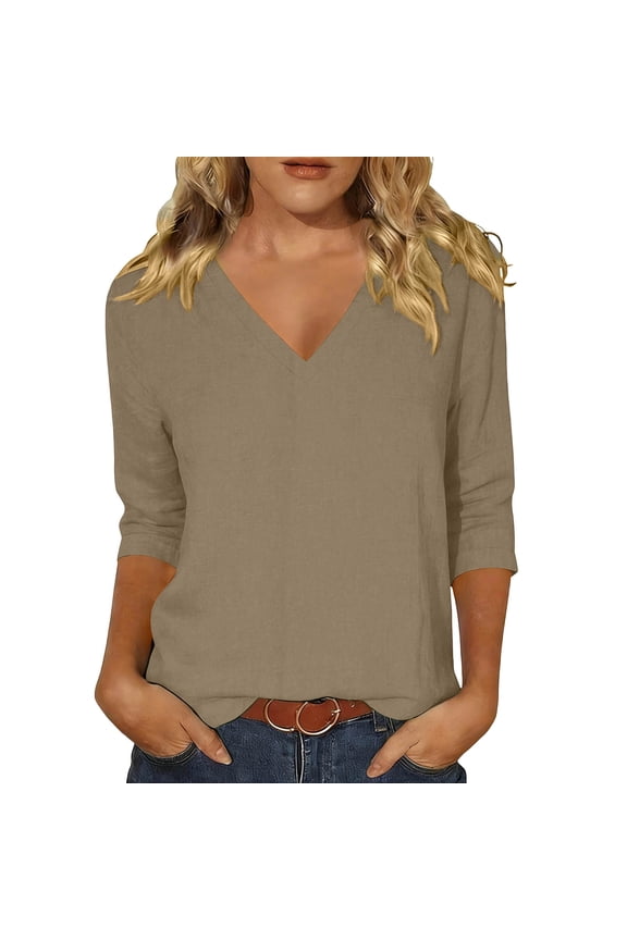 Women's 3/4 Sleeves V Neck T Shirts Cotton Casual Summer Basic Tees Fashion Loose Tunic Tops Plus Size