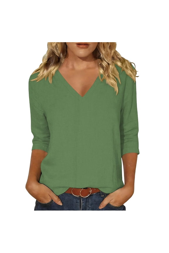 Women's 3/4 Sleeves V Neck T Shirts Cotton Casual Summer Basic Tees Fashion Loose Tunic Tops Plus Size