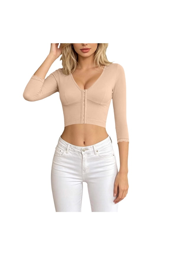Women's Arm Shaper 3/4 Sleeve Lace Trim Arm Firm Shapewear V Neck Body Shaper Front Closure Push Up Compression Shaper