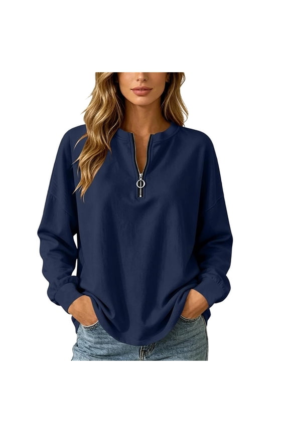 Women's Casual Half Zip Sweatshirts Long Sleeve Collared Pullover Jackets V Neck Solid Color Work Tops with Pockets