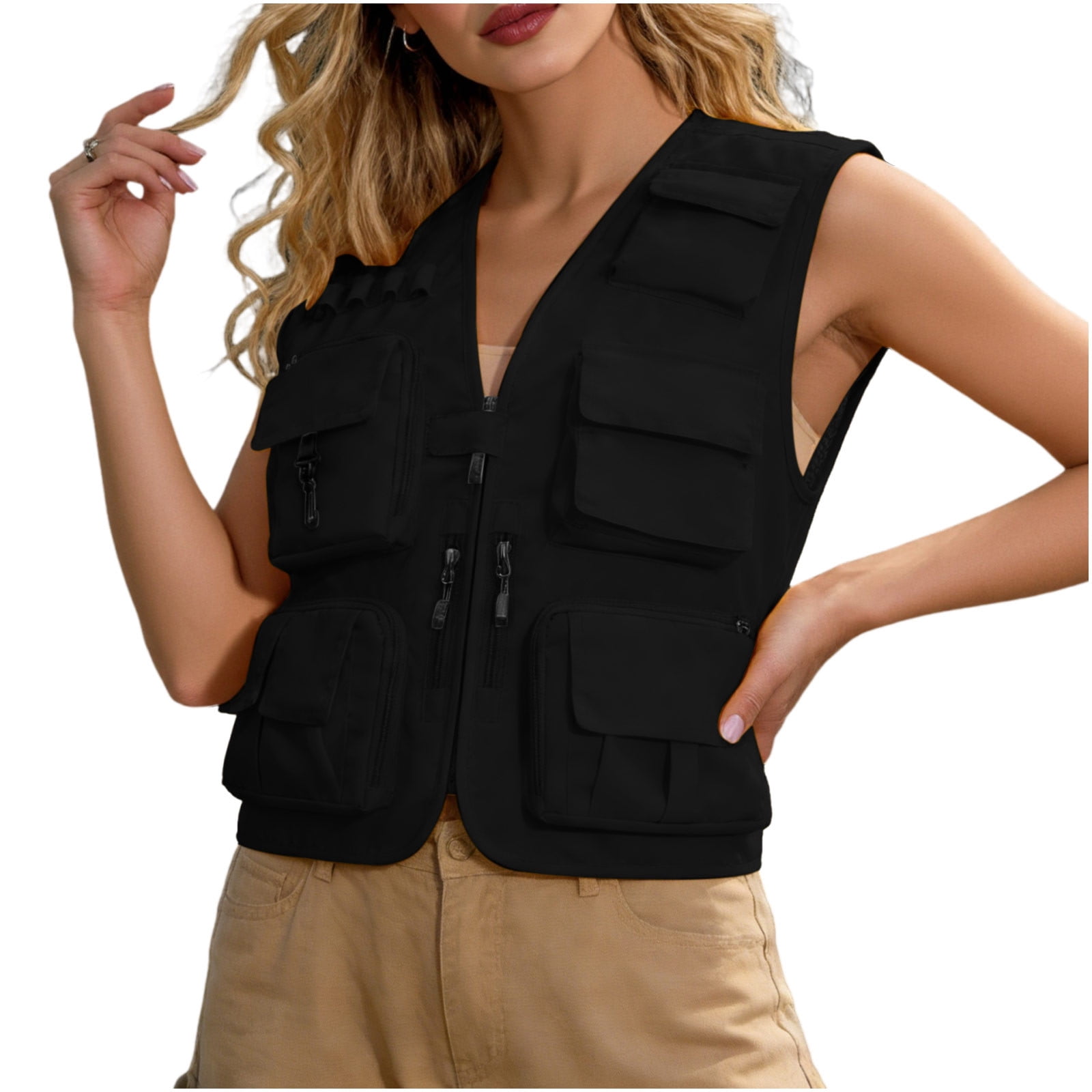 ZGRBOU Women's Casual Lightweight Outdoor Work Vests Multi Pockets Zip up Cargo Tops Safari Travel Photo Cargo Jacket