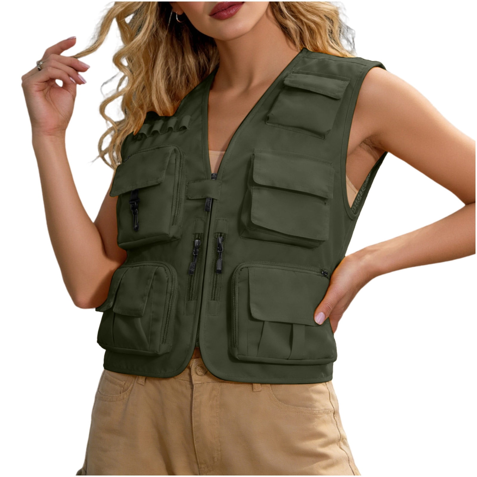 ZGRBOU Women's Casual Lightweight Outdoor Work Vests Multi Pockets Zip up Cargo Tops Safari Travel Photo Cargo Jacket