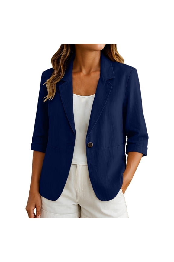 Women’s Cotton Linen Blazer Jacket Summer 3/4 Sleeve Button Open Front Casual Blazer Lightweight Work Suit Jackets