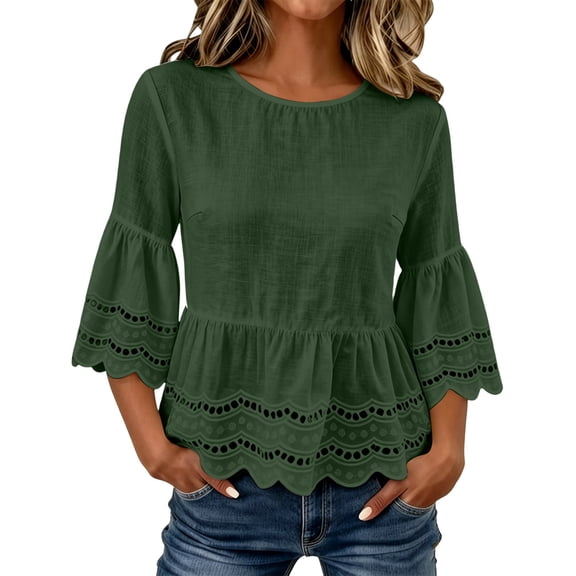 ZGRBOU Women's Cotton Linen Summer Tops 3/4 Bell Sleeve Eyelet Peplum Top Ruffled Hem Gauze Loose Fit Beach Blouse