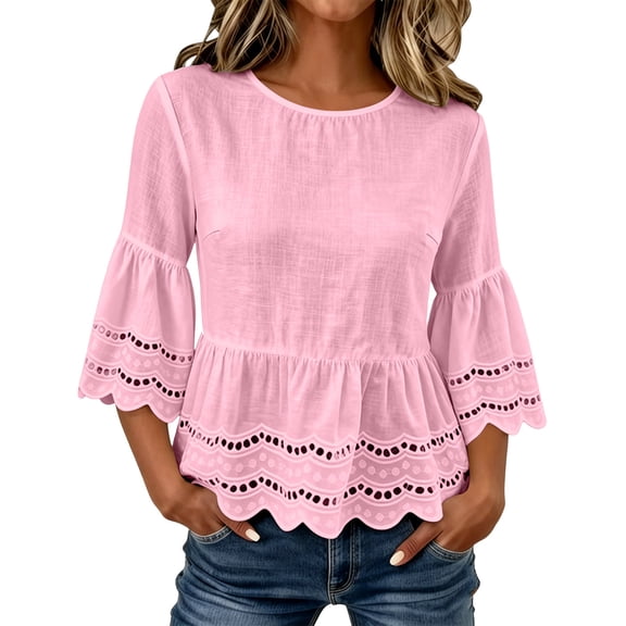ZGRBOU Women's Cotton Linen Summer Tops 3/4 Bell Sleeve Eyelet Peplum Top Ruffled Hem Gauze Loose Fit Beach Blouse