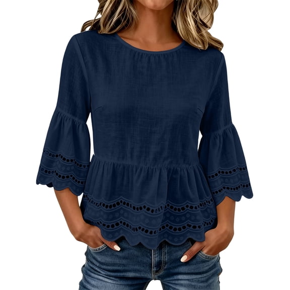 ZGRBOU Women's Cotton Linen Summer Tops 3/4 Bell Sleeve Eyelet Peplum Top Ruffled Hem Gauze Loose Fit Beach Blouse