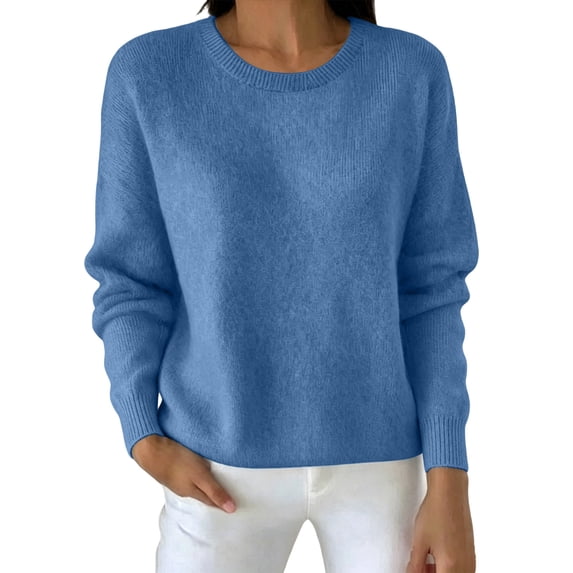 ZGRBOU Women's Crew Neck Knit Sweater Lightweight Solid Color Long Sleeve Pullover Top Fall Winter Casual Loose Fit Shirt