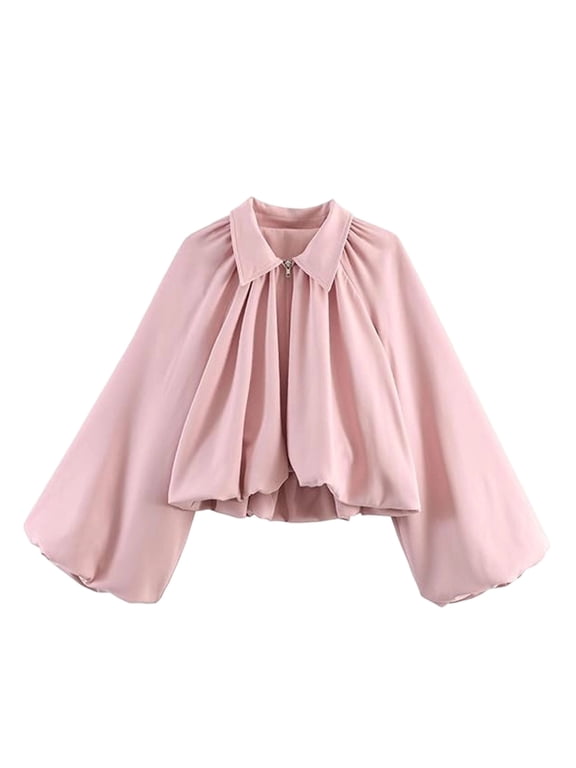 Women's Cropped Puff Sleeve Bomber Jacket Collared Zip Front Coat Fasion Casual Lightweight Pleated Shirts