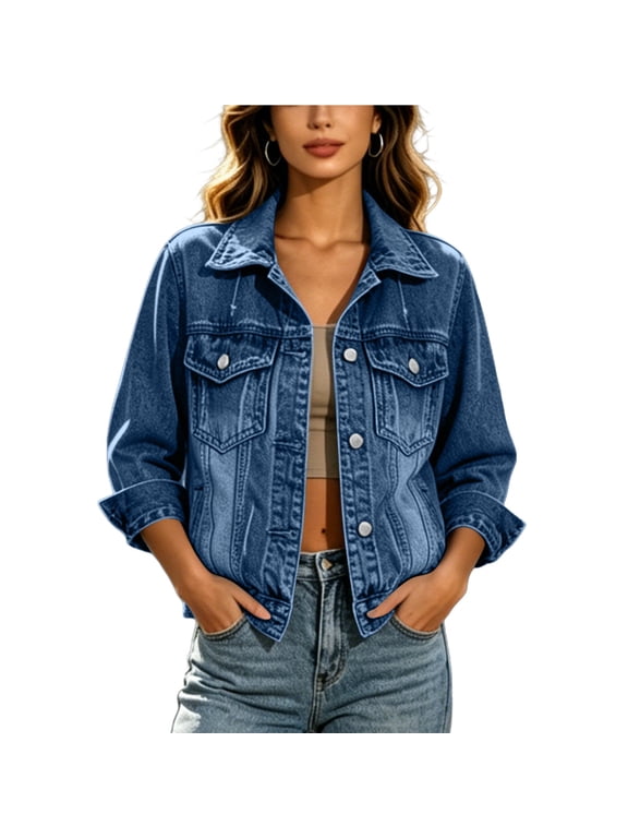 Women's Denim Jacket Long Sleeve Button Up Vintage Western Coat Fall Trendy Basic Jean Jacket with Pockets