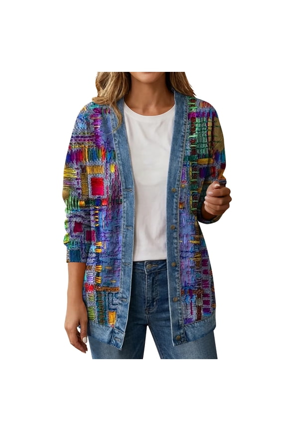 Women's Denim Patchwork Jackets Boho Art Print Button Down Cardigan Casual Long Sleeves Y2k Fashion Shacket
