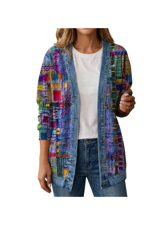Women's Denim Patchwork Jackets Boho Art Print Button Down Cardigan Casual Long Sleeves Y2k Fashion Shacket