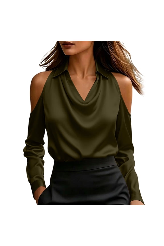 Women's Elegant Satin Silk Blouse Cold Shoulder Long Sleeve Work Shirt Cowl Neck Ruched Front Draped Office Top