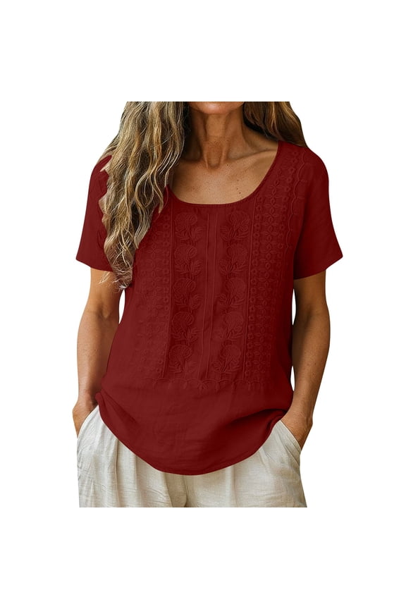 Women's Embroidered Cotton Linen Tops Summer Short Sleeve Scoop Neck TShirts Casual Loose Fit Basic Tunic Shirts