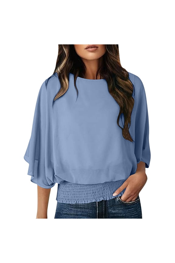 Women's Flowy Chiffon Tops Casual Elastic Cinched Waist Top Round Neck 3/4 Batwing Sleeve Loose Tops