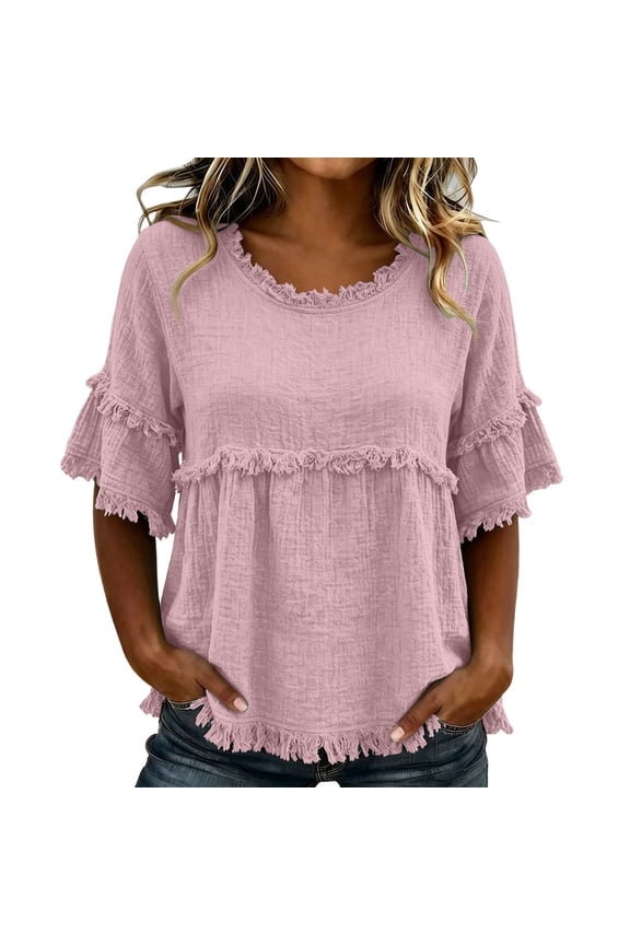Women's Fringe Trim Peplum Blouse Round Neck Short Sleeve Cotton Linen Top Vintage Casual Loose Peasant T-Shirt 2026