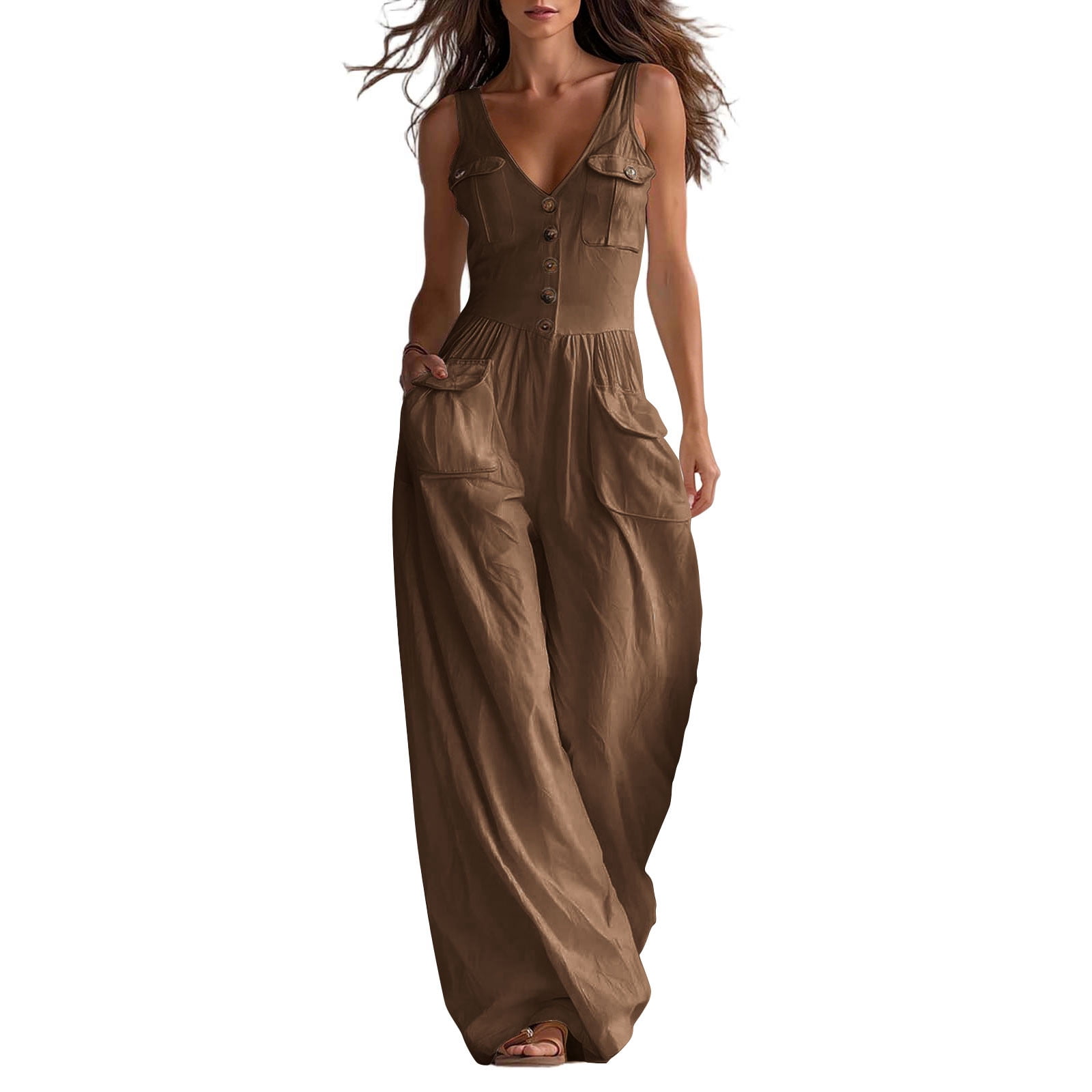 ZGRBOU Women's Jumpsuit V Neck Sleeveless Solid Button Down Wide-Leg Pant Vintage Western High Waist Going Out Romper
