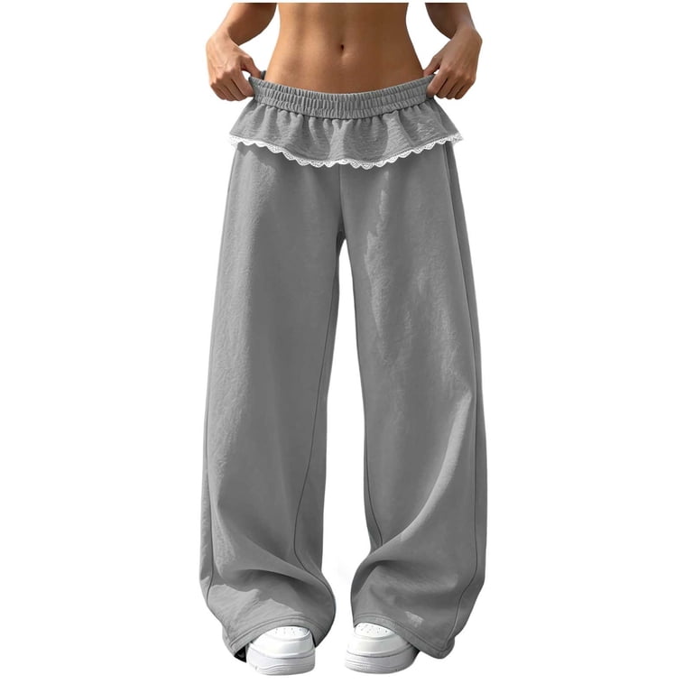 ZGRBOU Women's Lace Trim Wide Leg Pants Ruffle Elastic Waist