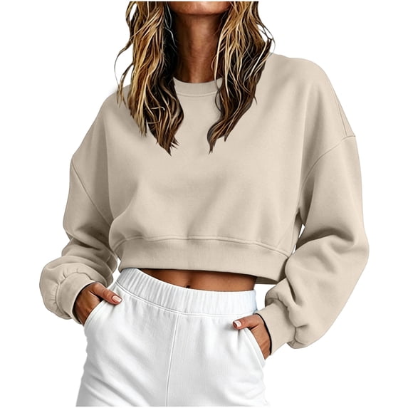 ZGRBOU Women's Long Sleeve Cropped Sweatshirts Cute Round Neck Pullover Tops Casual Lightweight Loose Fit Sports Tops