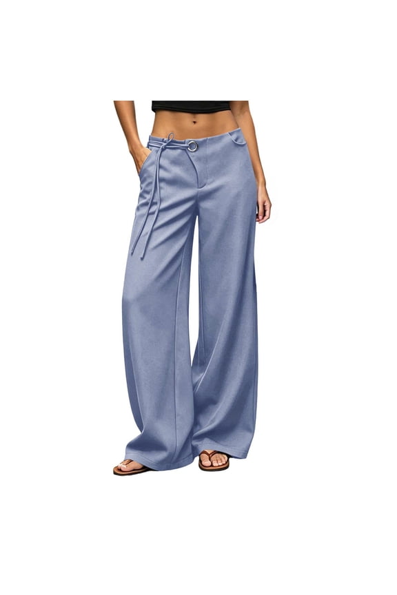 Women's Low Rise Dress Pants Fasion Drawstring Ring Waist Slacks Pants Casual Work Business Wide Leg Trousers