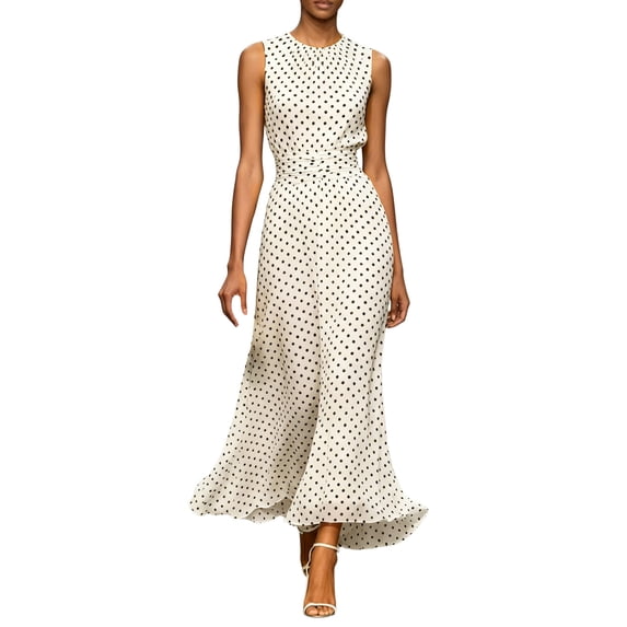ZGRBOU Women’s Polka Dot Maxi Dress Sleeveless Round Neck Bodycon Long Dress Elegant Ruffled Flowy A Line Dresses