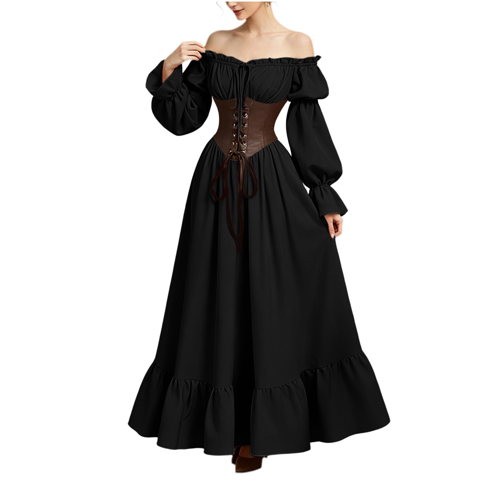 ZGRBOU Women's Renaissance Off Shoulder Dress Victorian Corset Ruffle Medieval Costume Halloween Cosplay Party Long Dress