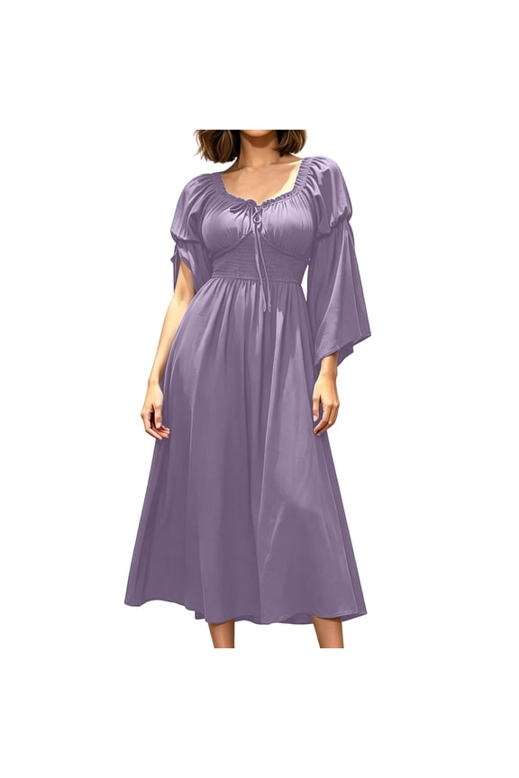 Women's Renaissance Smocked Waist Midi DressBoho Split Bell Sleeve Flowy Dress Halloween Cosplay Costume