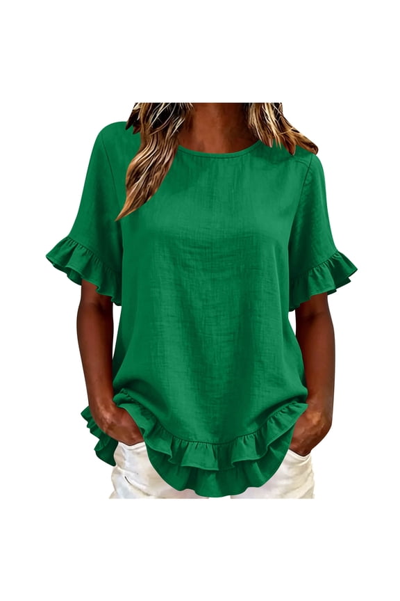 Women's Ruffle Tiered Hem Tops Round Neck Short Sleeve Casual Tunic Tops Trendy Summer Loose Fit Blouse