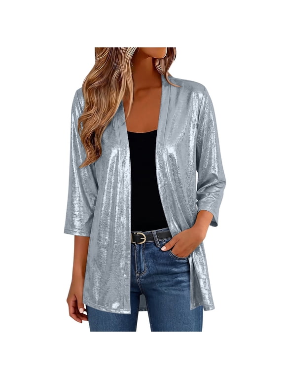 Women's Sequin Jackets 3/4 Sleeve Open Front Long Cardigan Coat Casual Shiny Party Cocktail Outerwear 2026 Fasion Outfits