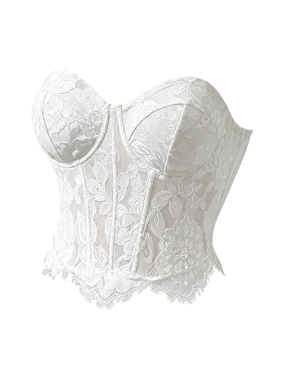 Women's Shaping Floral Lace Boned Bustier Elegant Strapless Corset Fasion Crop Waist Cinching Party Top
