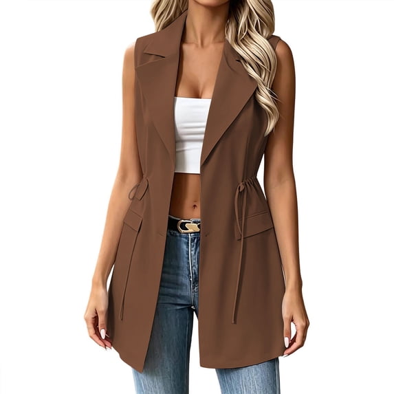 ZGRBOU Women's Sleeveless Long Blazer Open Front Lapel Neck Cardigans Elegant Drawstring Waist Jacket Vest with Pocket