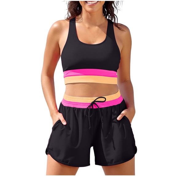 ZGRBOU Women's Sporty Two Piece Swimsuits Color Block Crop Tank Tops and Boyshorts Bottom Athletic Full Coverage Bathing Suits
