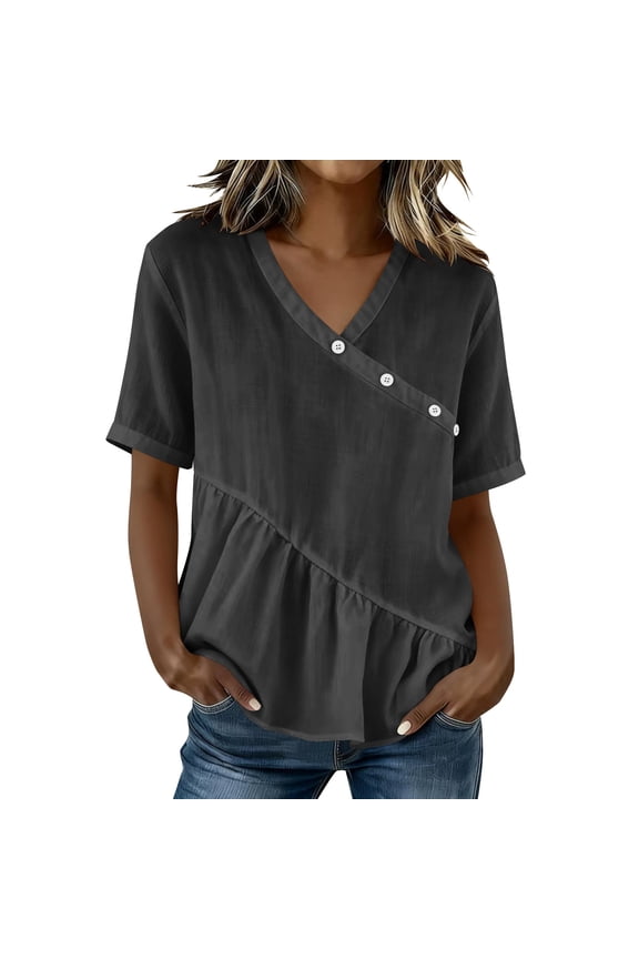 Women's Summer Beach V Neck Tops Short Sleeve Casual Button Decor Ruffled Hem Ruched Shirts Lightweight Flowy Blouse