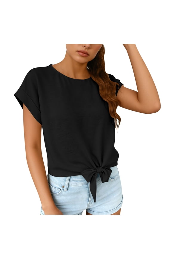 Women's Summer Causal Short Sleeve Shirts Tie Knot Front Crop Tops Round Neck Solid Loose Fit Basic TShirt