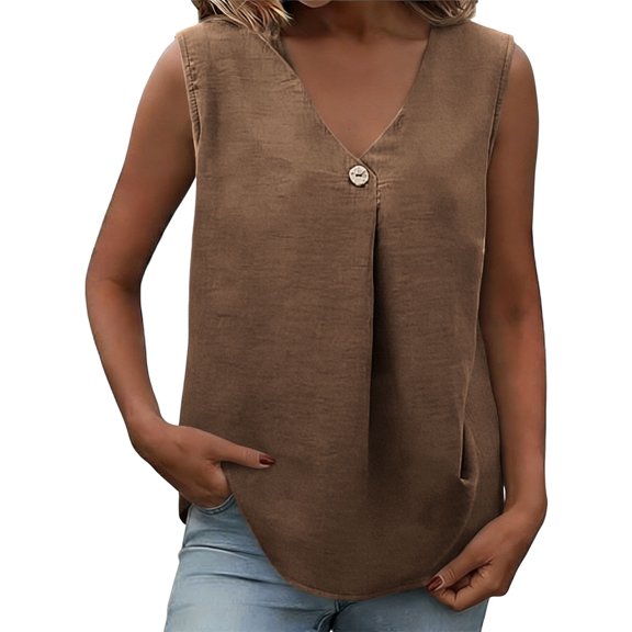 ZGRBOU Women's Summer Sleeveless Tank Tops V Neck Button Front Pleated Shirts Loose Casual Fashion Tunic Vest