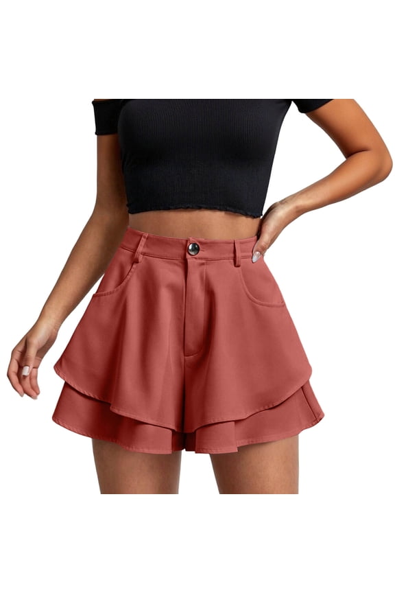 Women's Tiered Ruffle Shorts Button High Waist Flare Shorts Casual Flowy Fashion Stretch Mini Short with Pockets