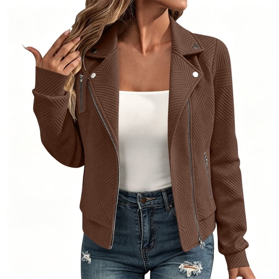ZGRBOU Women's Zip Up Motorcycle Jacket Casual Long Sleeve Lapel Collar Moto Coat Soft Short Biker Bomber Outerwear