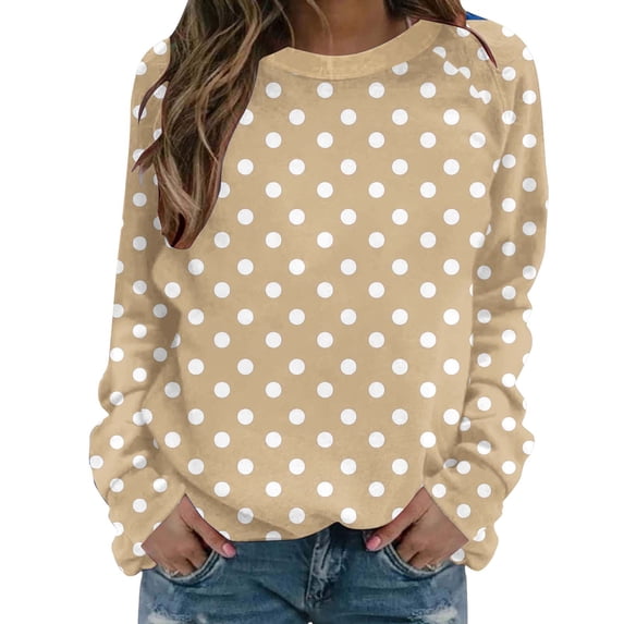 ZGRBOU Womens 2026 Fall Tops Fasion Polka Dot Print Crewneck Sweatshirt Casual Long Sleeve Loose Fit Basic Pullover