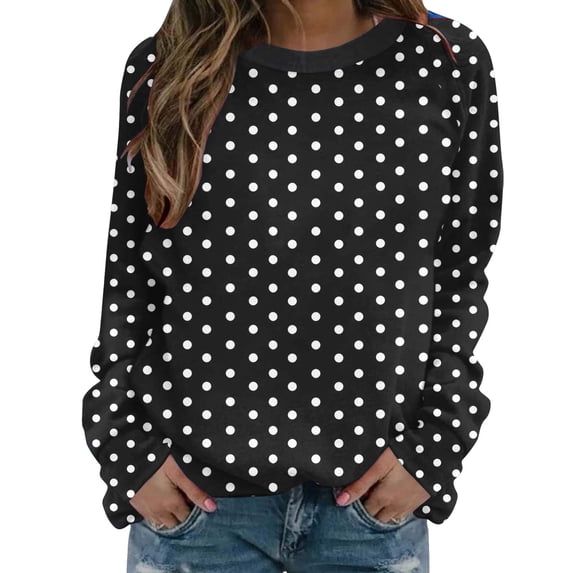 ZGRBOU Womens 2026 Fall Tops Fasion Polka Dot Print Crewneck Sweatshirt Casual Long Sleeve Loose Fit Basic Pullover