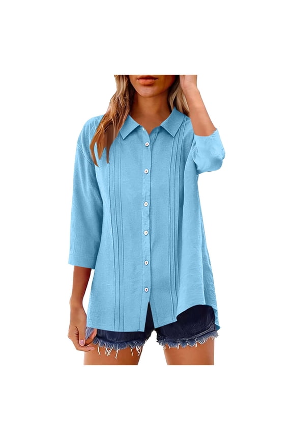 Womens 3/4 Sleeve Button Down Tops Pleated V Neck Collared Loose Shirts Summer Casual Work Tunic Blouses