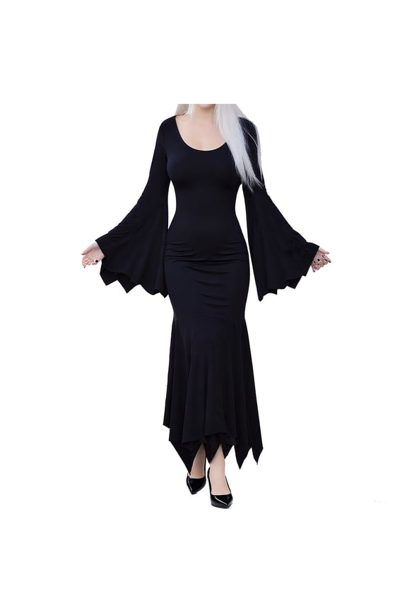 Womens Black Sexy Bodycon Long Dress Gothic Bat Sleeve Fishtail Slim Fit Goth Dress Witch Cosplay Halloween Costume
